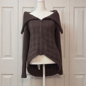 Winter Boho Brown Oversize Chunky Knit Zip Up Sweater Jacket Wide Roll Collar XS